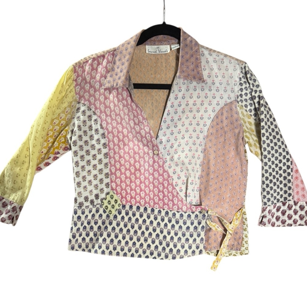 Sacred Threads Floral Patchwork Wrap Top Y2K 100%… - image 1